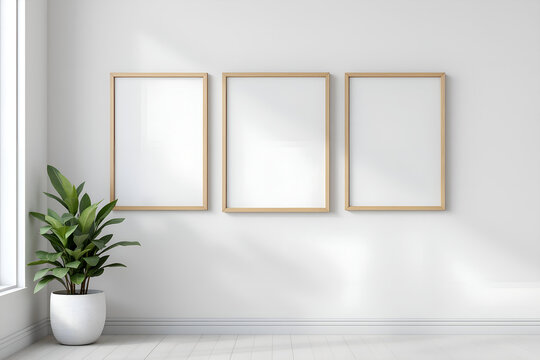 Minimalist Wall with Three Blank Frames and a Potted Plant.
