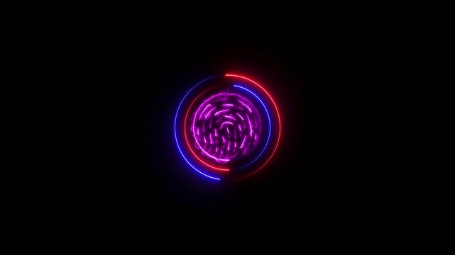 Neon fingerprint icon scanning analysis animation on black background, cyber security, biometric ID, digital security and future identification technology