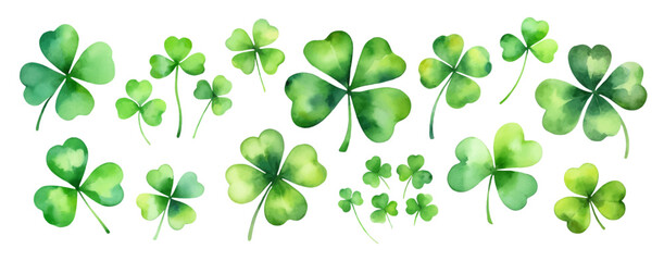 Set of watercolor clover leaves isolated on white background.