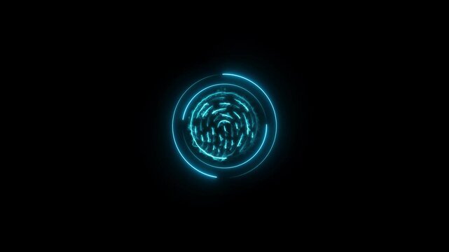 Neon fingerprint icon scanning analysis animation on black background, cyber security, biometric ID, digital security and future identification technology