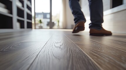 Flooring specialist installing hardwood planks in a luxury apartment. Featuring precision and elegant design