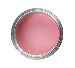 Can of pink paint isolated on white, top view
