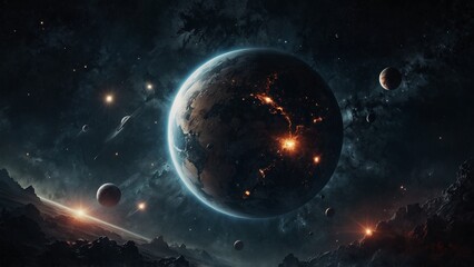 Cosmic landscape with a glowing planet and surrounding celestial bodies
