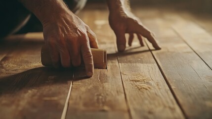 Flooring specialist installing wooden planks. Featuring accuracy and craftsmanship
