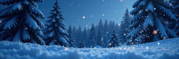 Snowflakes gently falling on a serene winter landscape at night, frosty trees, frosty atmosphere, new year's eve