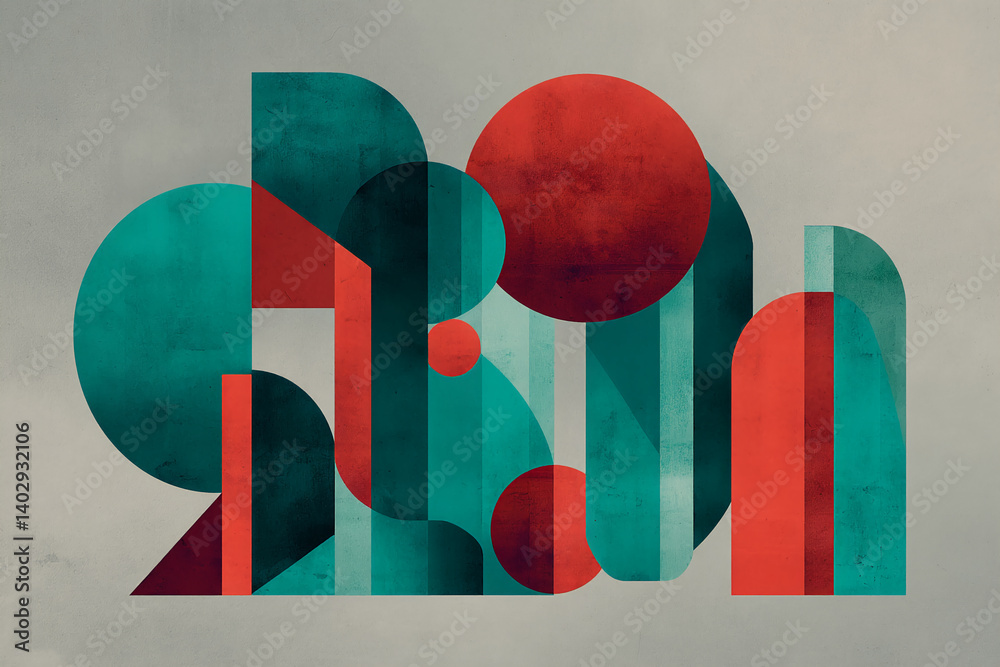 Poster Abstract artwork featuring teal and red geometric shapes, layered and overlapping creating depth and texture, showcasing a modern and minimalist design, ideal for contemporary aesthetic