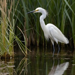 Fototapeta premium Snowy Egret in Marsh Wetland