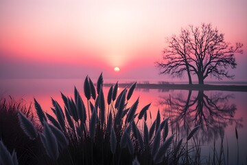 A serene sunrise over a calm lake with a silhouette of a lone tree reflected in the water. Soft pink and purple hues fill the sky, evoking tranquility