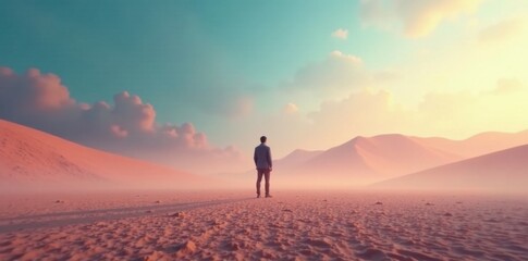 Fototapeta premium A lone figure stands in a vast empty space with blurred surroundings, background, deserted, desolate