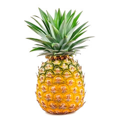 Fototapeta premium A fresh glossy pineapple with spiky green leaves and vibrant yellow flesh, isolated white background, hyperrealism art style