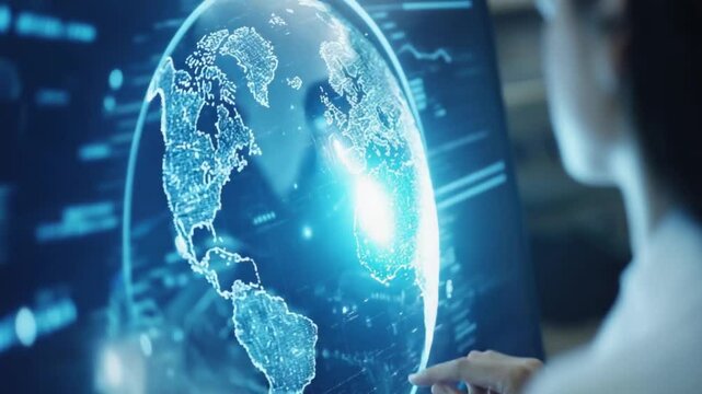 A researcher interacts with a digital globe, highlighting regions and accessing data in a high-tech environment. The advanced interface showcases global connections and insights
