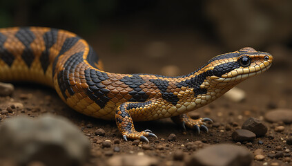 Fototapeta premium Close-Up of a Colorful Orange and Black Striped Snake Slithering on Rocky Ground