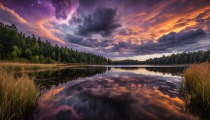 Serene Sunset over a Forest Lake