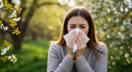 Young woman sneezing due to allergies in a blooming garden  