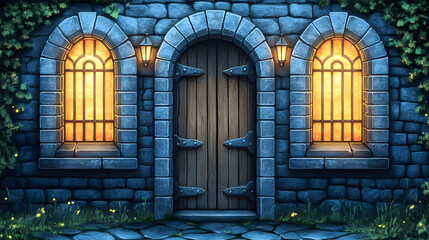 Obraz premium Pixel Art Image of a Stone Doorway with Lit Windows in a Medieval Style Castle with Rustic Textures