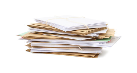 Stack of different paper envelopes on white background. Post office