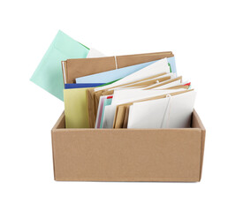 Different paper envelopes in box on white background. Post office