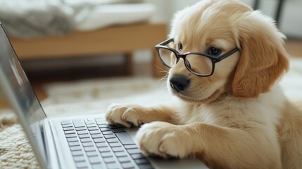 Cute puppy using laptop: golden retriever with glasses working online 