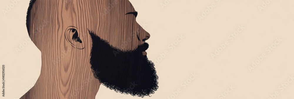 Poster silhouette design featuring a beard with intricate wood grain texture against a neutral background