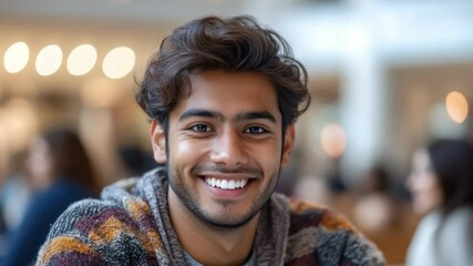 Radiant Smile: A young man beams with genuine joy, showcasing a bright, confident smile that illuminates his face.