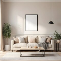 Minimalist Beige Living Room Interior with Blank Frame Mockup