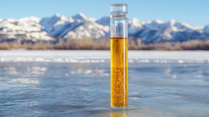 Golden serum in vial on ice with mountain background 