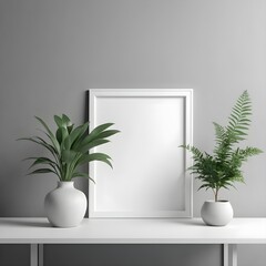 Minimalist Home Decor Blank Frame, Plants, White Table