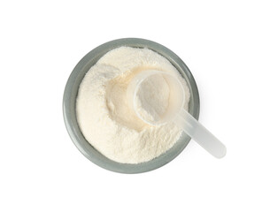 Collagen powder in bowl and scoop isolated on white, top view