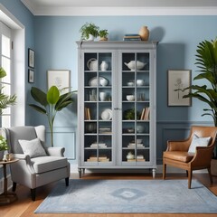 Elegant Living Room with Gray Display Cabinet and Blue Walls