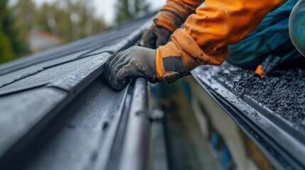 Gutter installer fastening drainage pipes on a commercial roof. Featuring alignment and durability