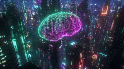 Digital brain circuit projection with neon glow over futuristic cityscape background symbolizing artificial intelligence advancement and innovative technology concept of modern innovation 