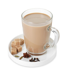 Aromatic Masala tea in glass cup, spices and brown sugar isolated on white