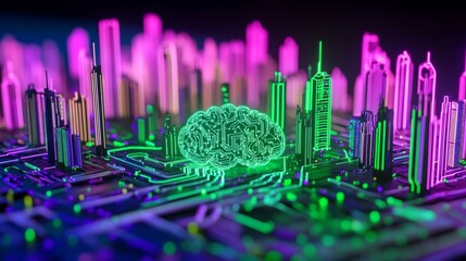 Neon brain circuit projection: futuristic tech innovation 
