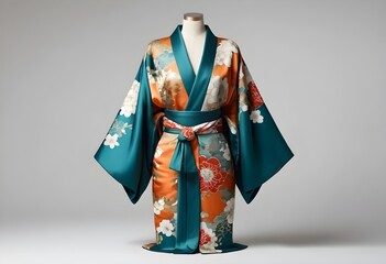 Fototapeta premium Elegant Teal and Orange Floral Kimono