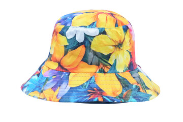 Colorful and stylish bucket hat featuring a vibrant tropical floral print pattern perfect for summer fashion and vacation wear