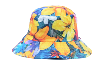 Colorful and stylish bucket hat featuring a vibrant tropical floral print pattern perfect for summer fashion and vacation wear