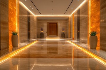 Luxurious lobby illuminated with golden accents and marble finishes