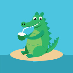 Naklejka premium Funny crocodile drinking coconut with straw in sea beach vector illustration
