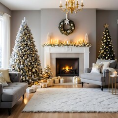 Luxurious Christmas Living Room with Fireplace and Decorated Trees