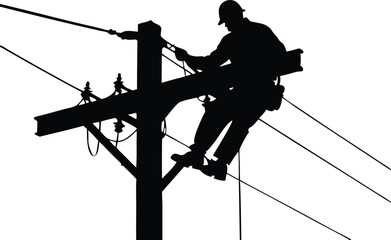 Silhouette Of A Lineman Working On Power Lines Depicting Skilled Trades And Electrical Maintenance With Safety Equipment Against A White Background, lineman, silhouette, power lines, electrical worker