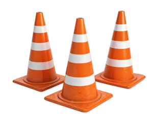 Safety Cones:  A vibrant photograph captures three orange and white safety cones, symbols of caution and direction, standing sentinel,ready to guide and protect in various situations.