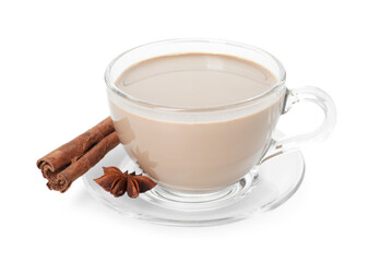 Aromatic Masala tea in cup and spices isolated on white