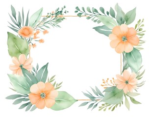 Watercolor Floral Frame with Peach Flowers and Greenery