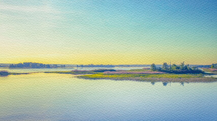 Painting of a lake with a sky in the background