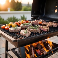 Grilled Steaks and Vegetables on a BBQ