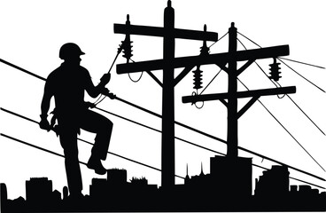 Lineman Silhouette Working On Power Lines Over Cityscape Black And White Vector Illustration For Stock Images And Platforms, lineman, electrical worker, power lines, electrician, silhouette