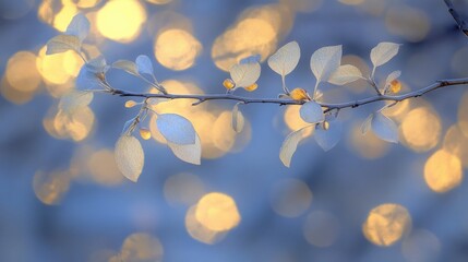 Delicate tree branch with soft leaves against blurred golden lights