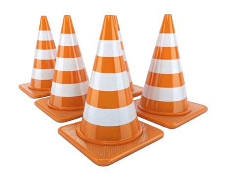 Safety Cones in Formation: A cluster of vibrant orange and white safety cones, meticulously arranged. conveying order and caution, and suitable for illustrating concepts related to construction.