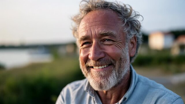 Portrait of a smiling senior man outdoors at golden hour, with expressive blue eyes and salt-and-pepper hair, looking at the camera with a kind and confident expression &ndash; Generative AI