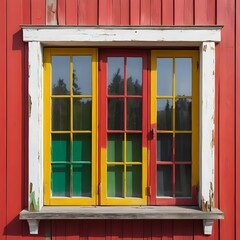 Obraz premium Colorful Multi-Paned Window on Red Wooden House